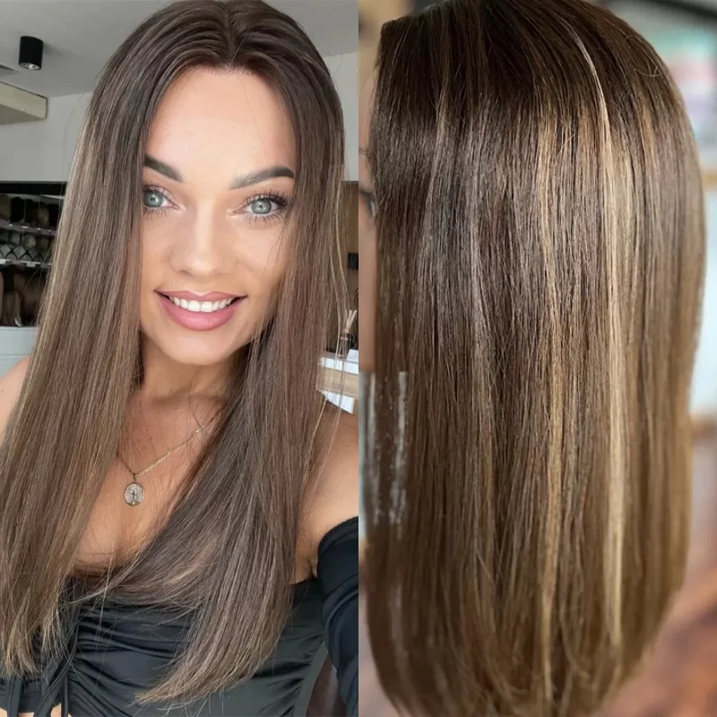 

Middle Part Ombre Warm Brown Highlights HD Invisible Lace Front Wig with Dark Roots Heat Resistant Fiber Wig Soft Straight Wig