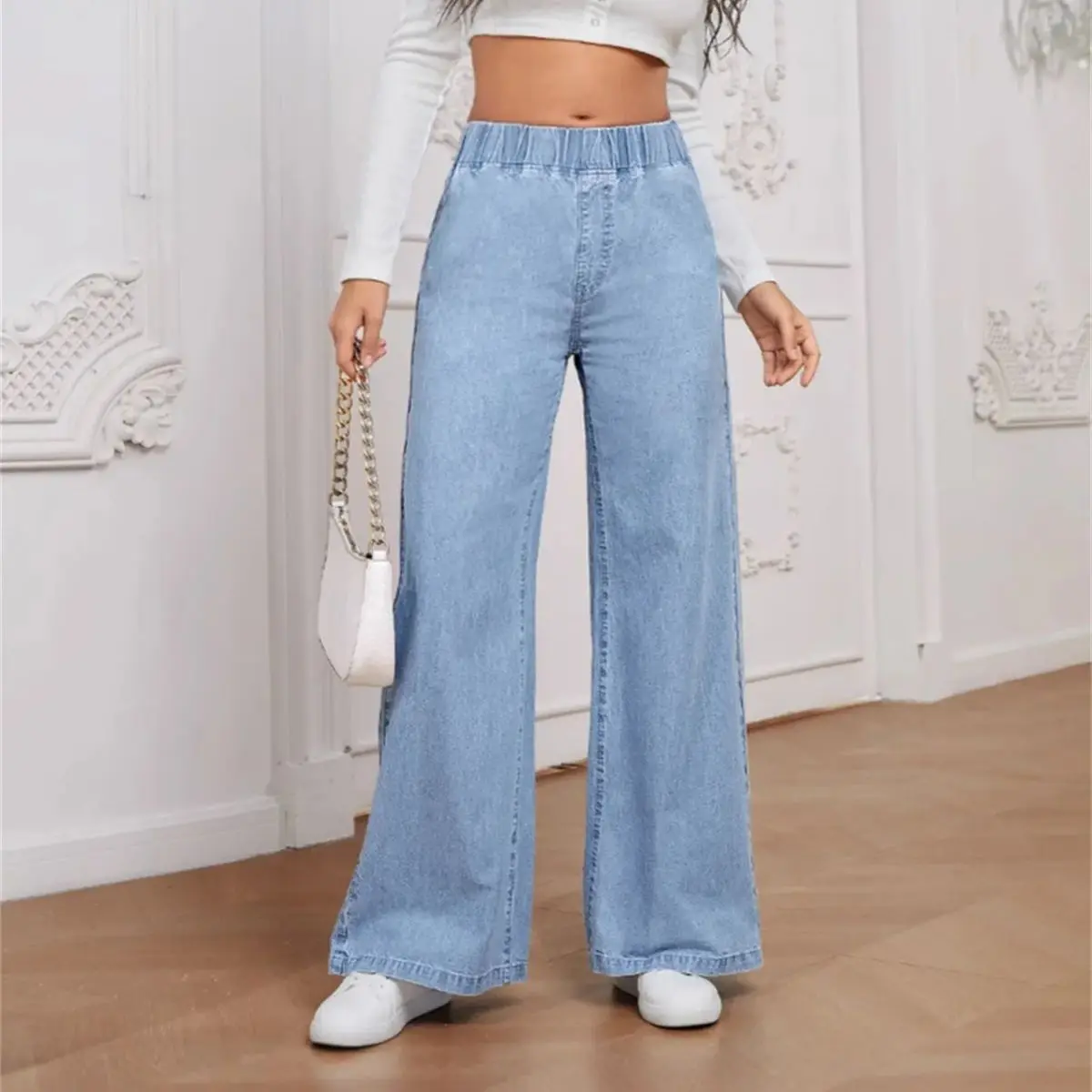 

Прямые джинсы с эластичной резинкой на талии в стиле ретро, женские модные джинсовые брюки с высокой талией 2025 года, женские осенне-летние повседневные брюки, уличная одежда