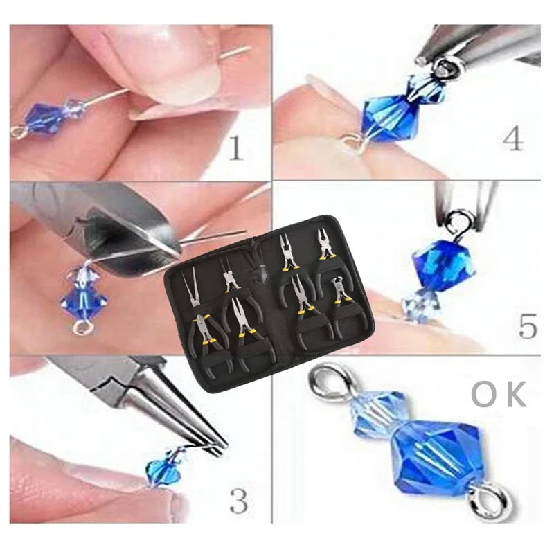 ABLL-8Pcs Mini Pliers Set, Long Nose With Teeth, Flat Jaw, Round Curve Needle Diagonal Nose Wire End Cutting Cutter Linesman Pli