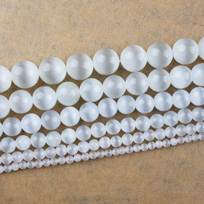 New 4/6/8/10/12mm Real Cat Eye Stone Beads For Jewelry Making White Opal Loose Shiny Round Beaded DIY Bracelet Earrings Necklace