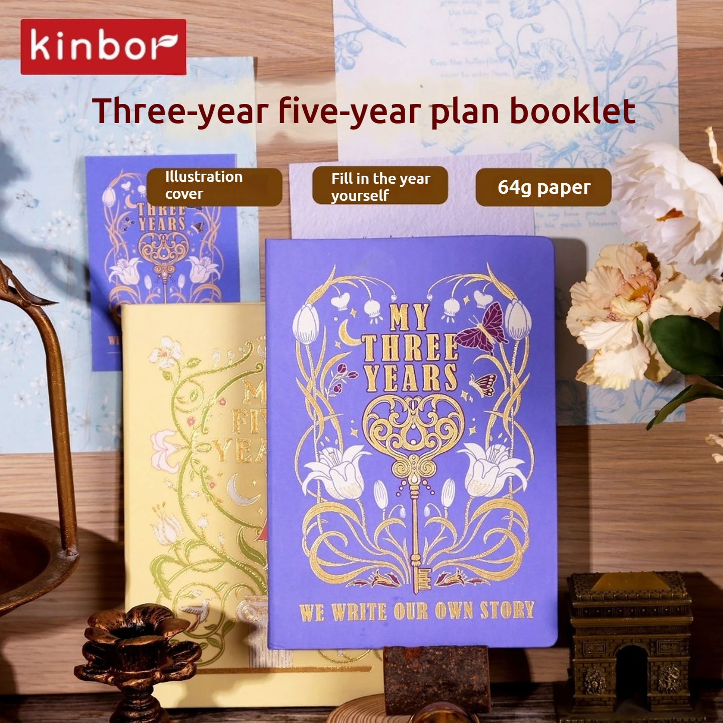 Kinbor مجموعة الخطة خمس سنوات 64 جرام دفتر التوضيح A5 كتيب المستمر الذاتي ملء مذكرات كفاءة إدارة الوقت