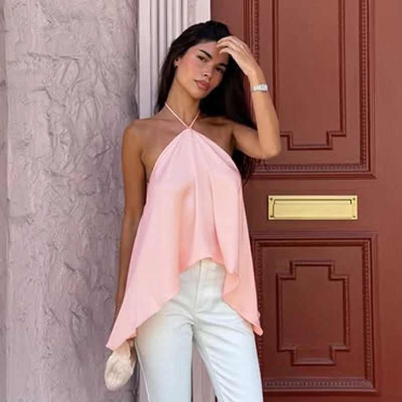 Hugcitar Modisches Neckholder-Top mit Schnürung, Rückenfreies, Unregelmäßiges, Einfarbiges, Sexy Crop-Top für Damen, Niedliche Kleidung für Strand, Urlaub und Party – Detail 17