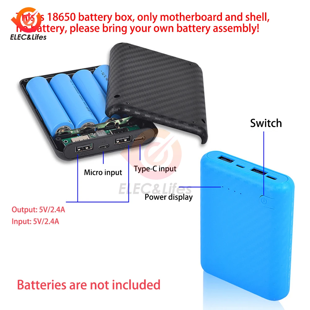 4 Slots 18650 Battery Box Case Dual USB Type-C DIY Power Bank Charger Shell Charging Case Mini Solderless Power Supply Housing