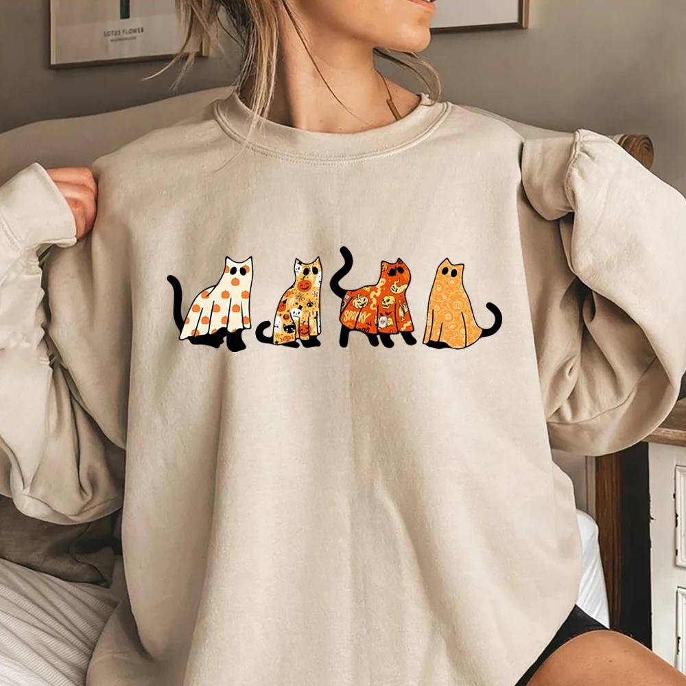 

Halloween Cat Sweatshirt Black Cat Pumpkin Graphic Hoodie Cat Ghost Spooky Season Pullover Cute Cat Lover Crewneck Sweatshirts