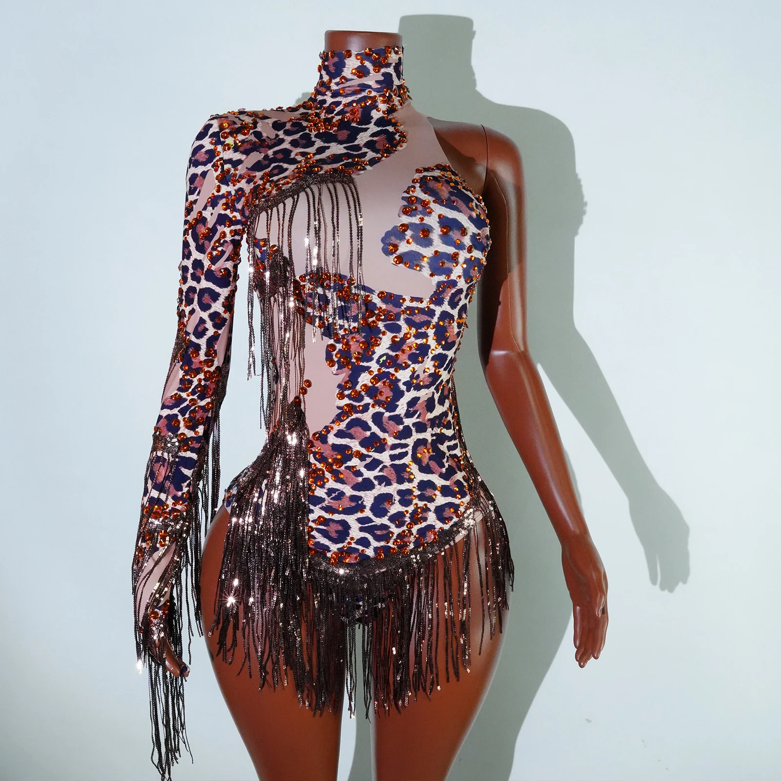 Sexy Skinny Trikot Sänger Tänzer Show Bühne Tragen Sparkly Leopard Strass Frauen Tanz Kostüm Fransen Eine Schulter Body