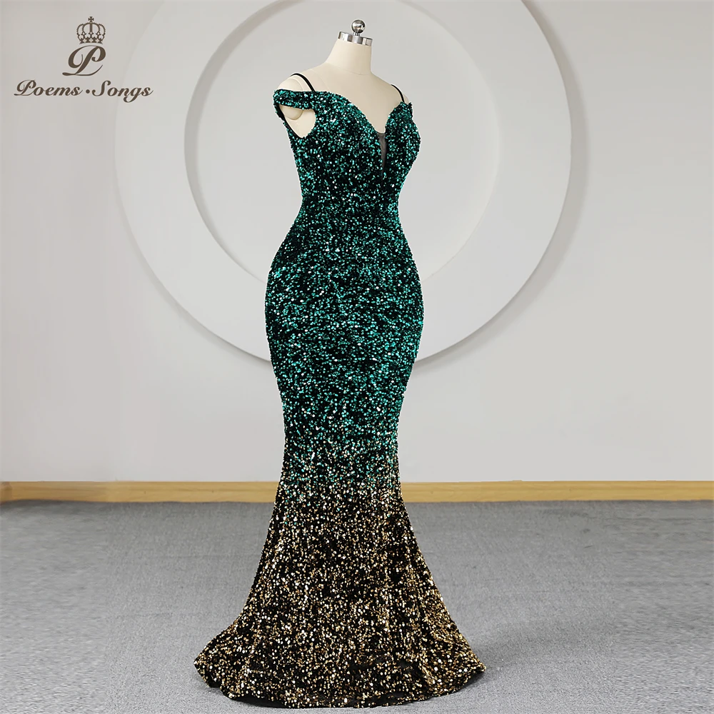 Kleurrijke Pailletten Mermaid Avondjurk Plus Size Vrouwen Spaghettibandjes Off Shoulder Lange Prom Jurken Party Maxi Jurk