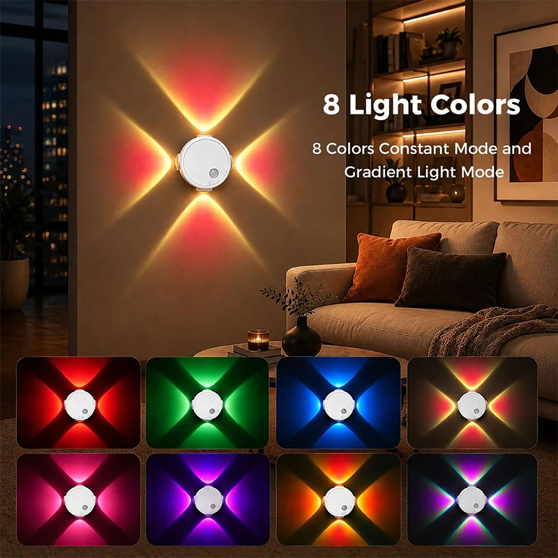 Smart Motion Sensor Light Indoor, RGB Changing LED Wall Sconce, USB Rechargeable Magnetic Lamp Hallway Stair Bedroom Living Room