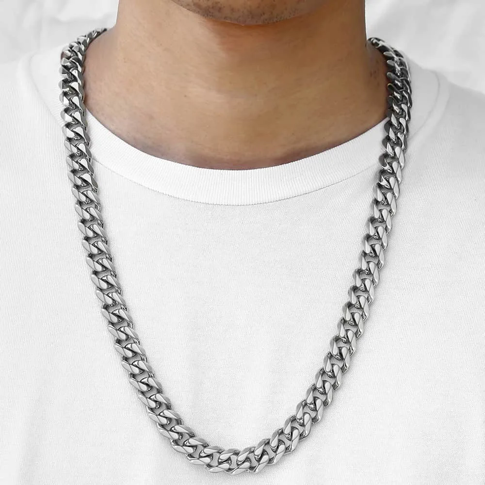 Mens Biker Jewelry Set Stainless Steel Cuban Curb Link Chain Necklace Bracelet Fashion Large 15mm 24inch + 9inch Silver
