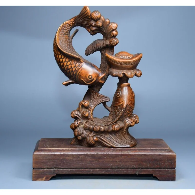 

5.5" Collection Chinese Box-wood Carving Animal Two Fish Sea Wave Yuanbao Statue Craft Gift Decoration Home Decore