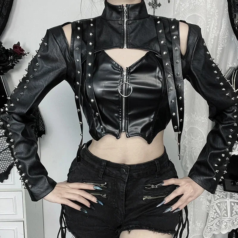 

Faux Pu Leather Long Sleeve Crop Shrug Tops Grunge Women Rivet Zip Coats Chic Streetwear Jackets Mall Gothic Smock Top