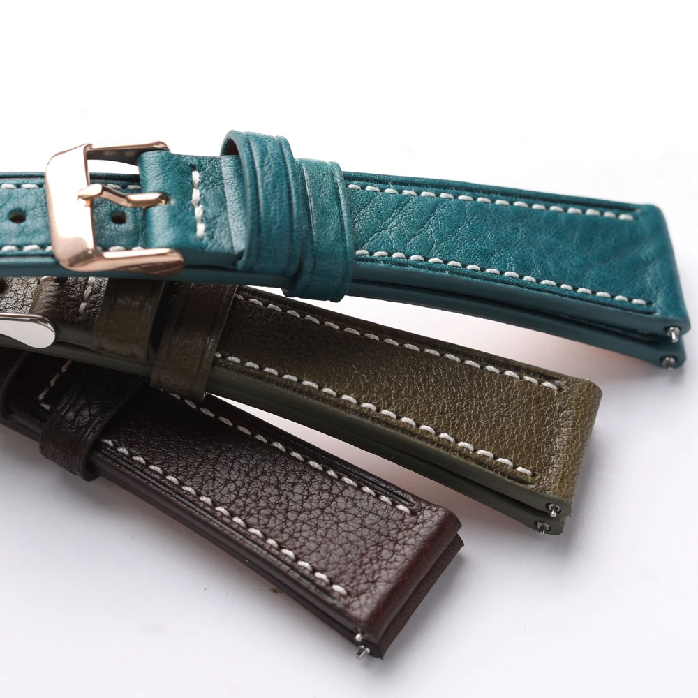 Handmade Italian Cowhide Strap 18 19 20 22mm Brown Blue Green Genuine Leather Men Vintage Style Quick Release SM Size Watchband