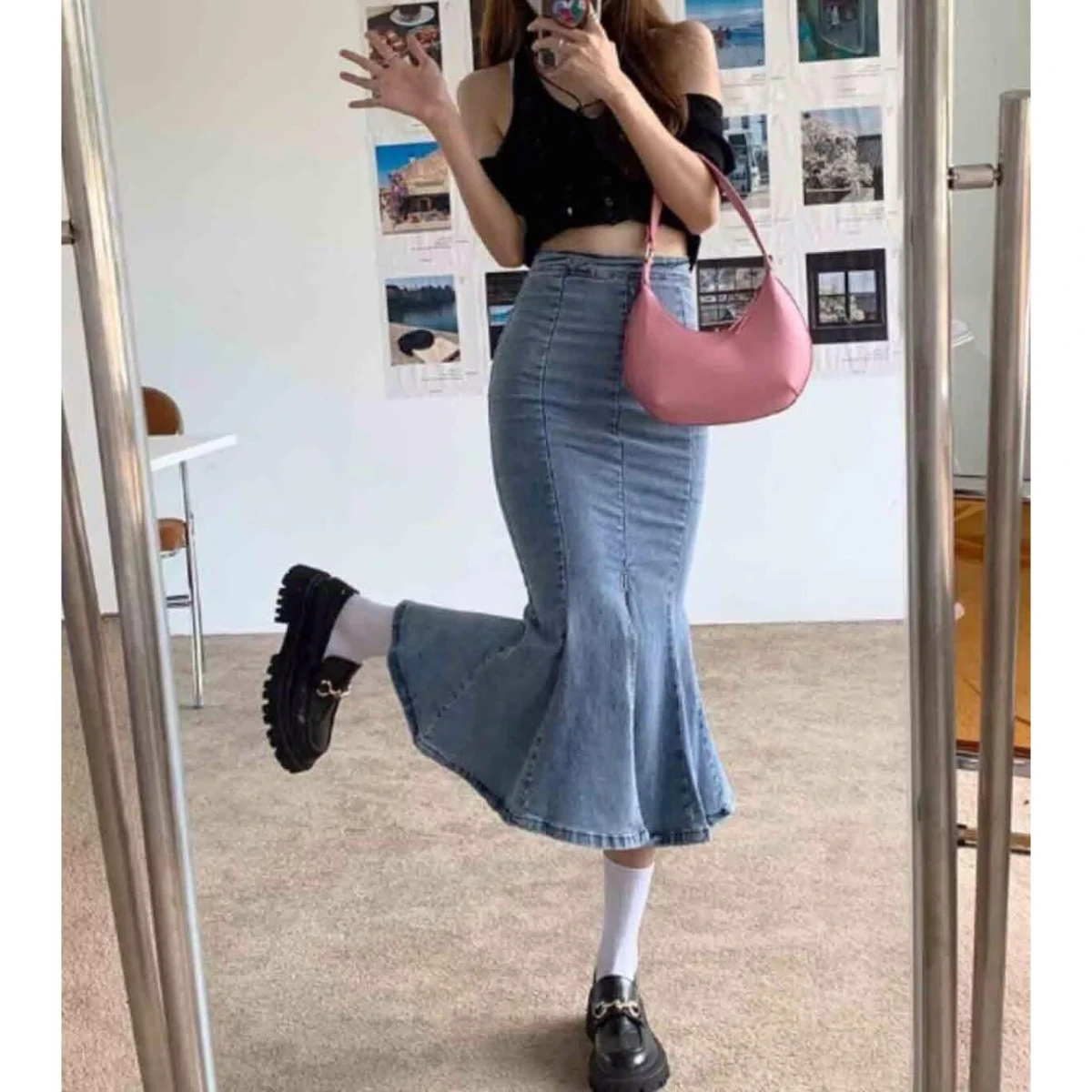 

Женская джинсовая юбка средней длины с разрезом, эластичная утягивающая юбка с хвостом, весенняя новая корейская версия, повседневная юбка трапециевидной формы