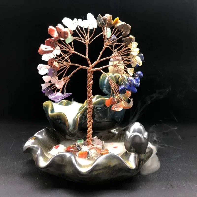 Waterfall Incense Holder Handcrafted Resin Incense Burner with Faux Stone Lucky Tree Ornament for Home Zen Meditation Decoration