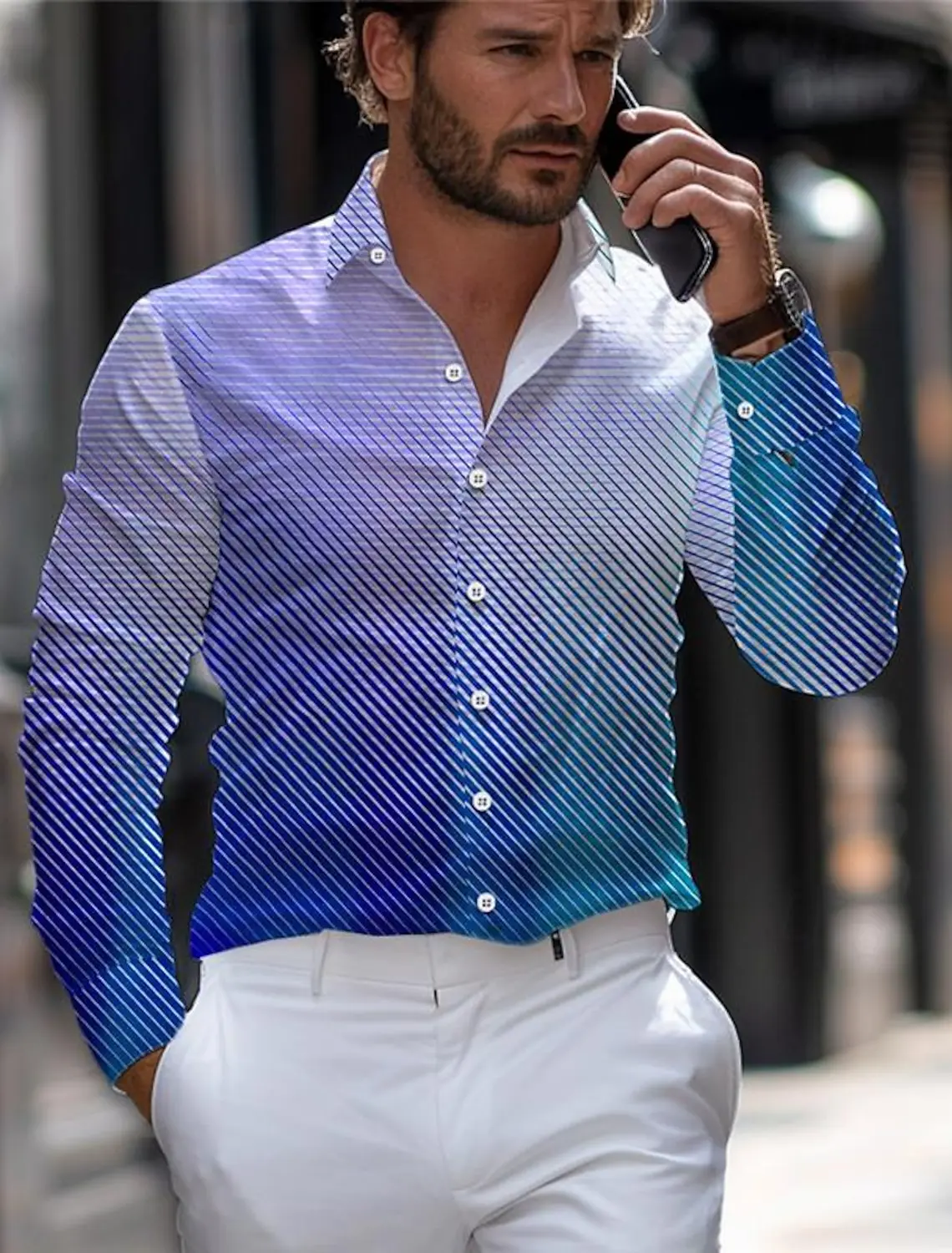 Men's Dress Shirt Printed Shirts Stripe Street Wear to work Blue Purple Long Sleeve Turndown Summer Clothing Apparel Print