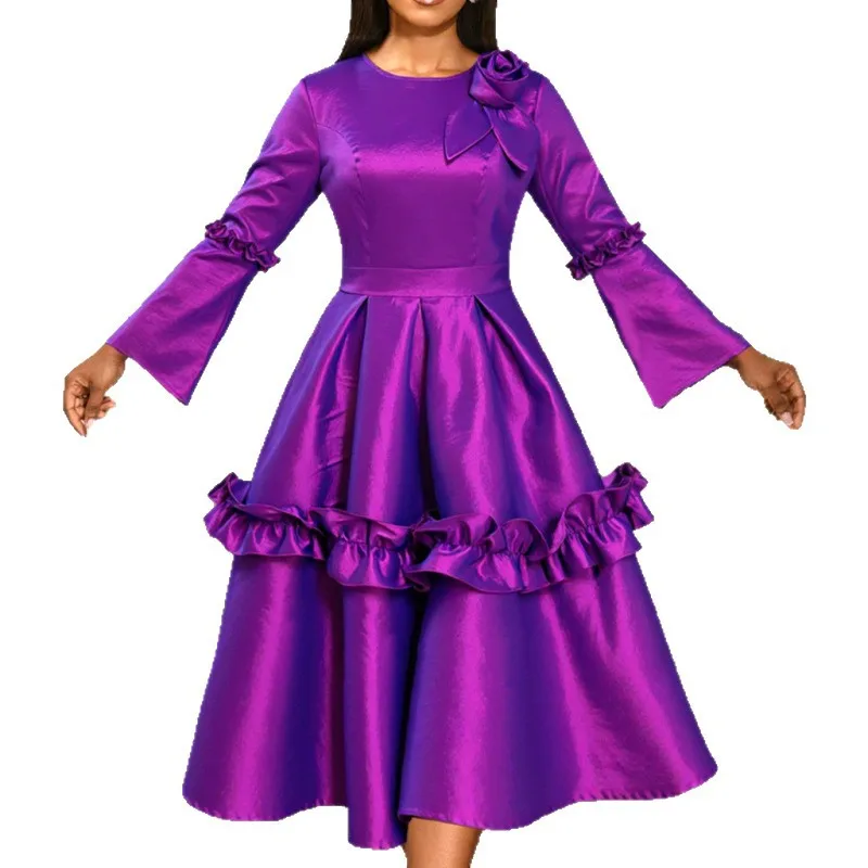 Plus Size African Dresses for Women Purple Elegant 2026 Spring Summer Africa Long Sleeve O-neck Party Evening Midi Dress Outfits