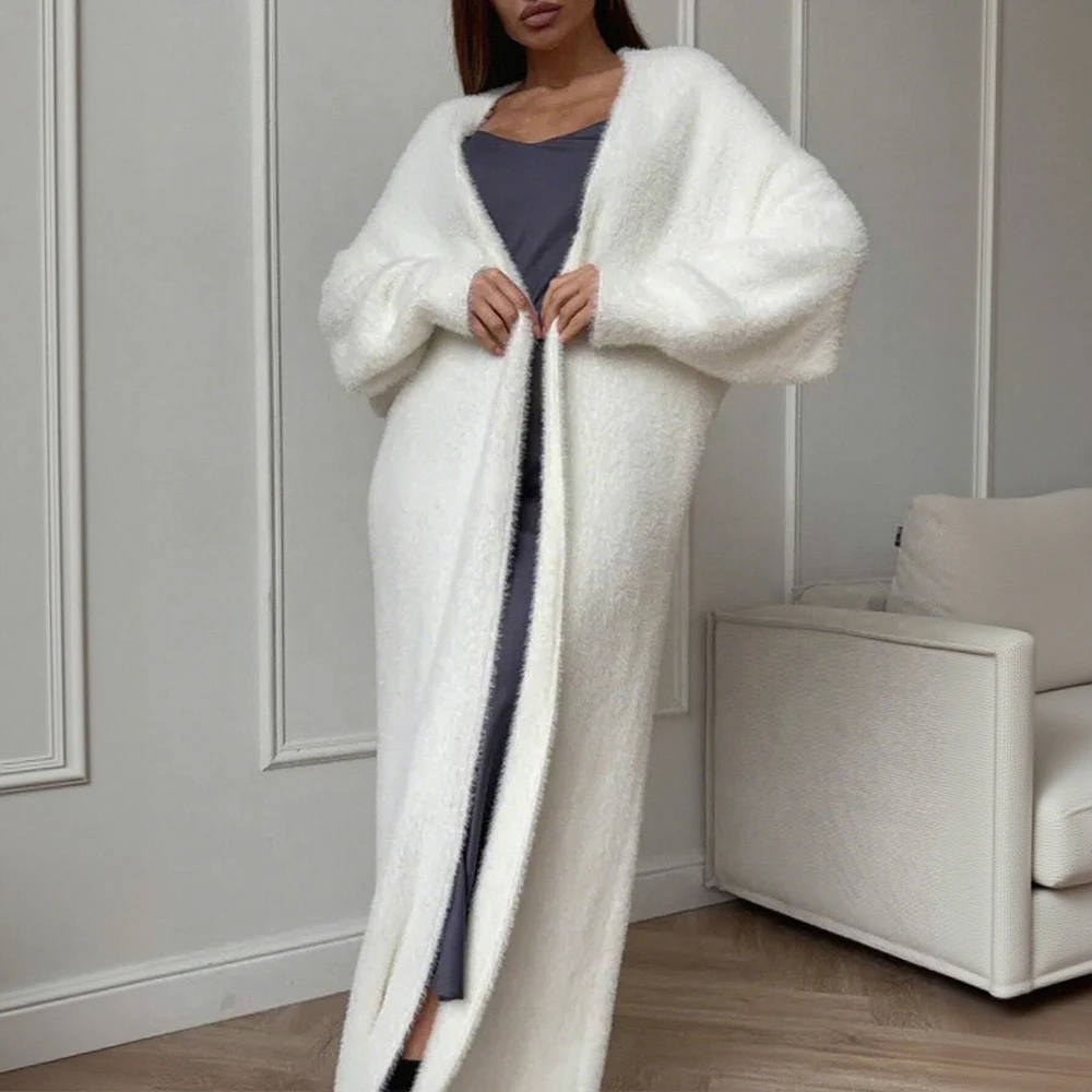 

Women's Ankle-Length Cardigan Minimalist Design Solid Cream White Textured Knit Long Sleeve Open Front Coat