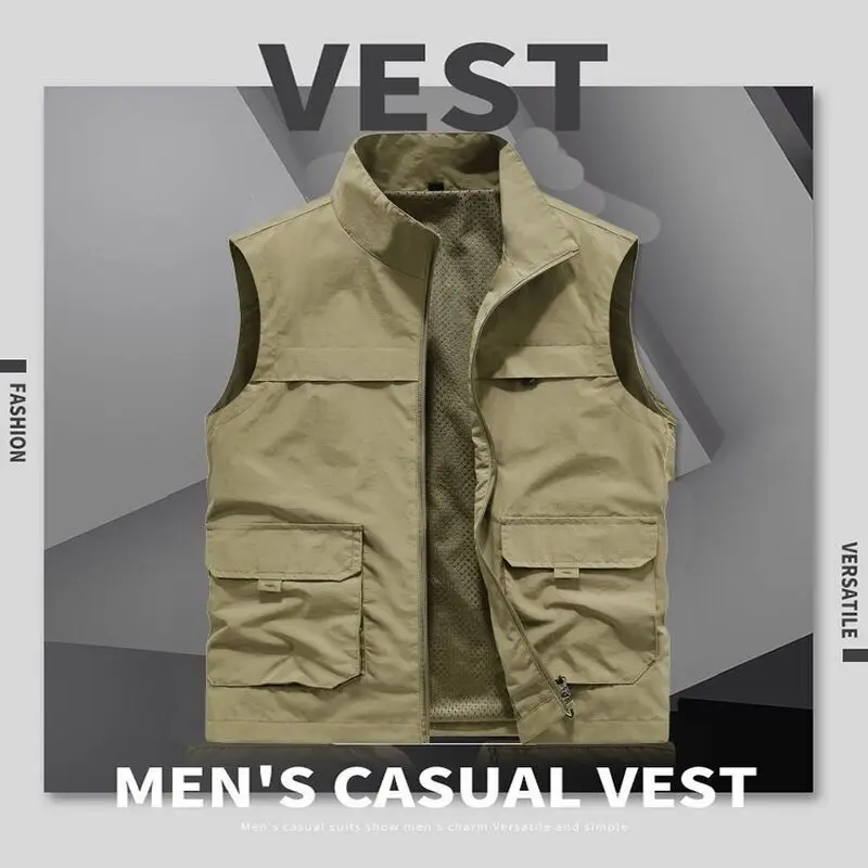 MAN VEST Men's Coats Original High Quality Camping Clothing Hunting Embroidered Multi-pocket Sleeveless Jacket Zip