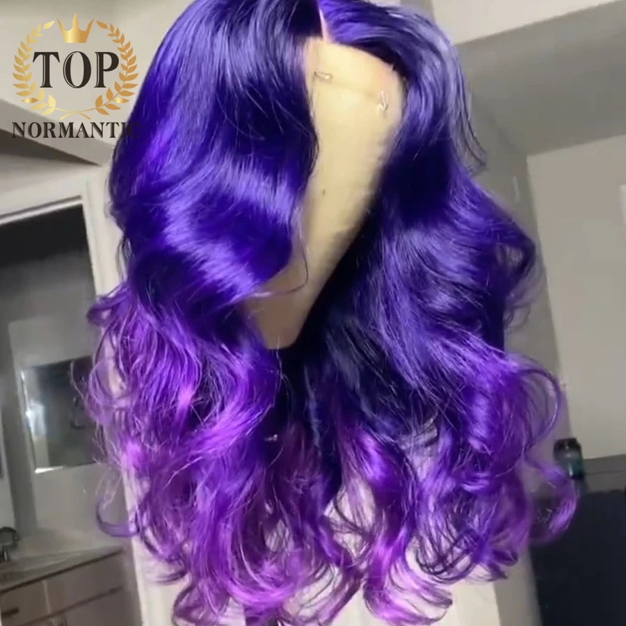 Topnormantic Ombre Purple Color Body Wave Wig with Baby Hair 13x6 Lace Front Remy Brazilian Human Hair Wigs for Women