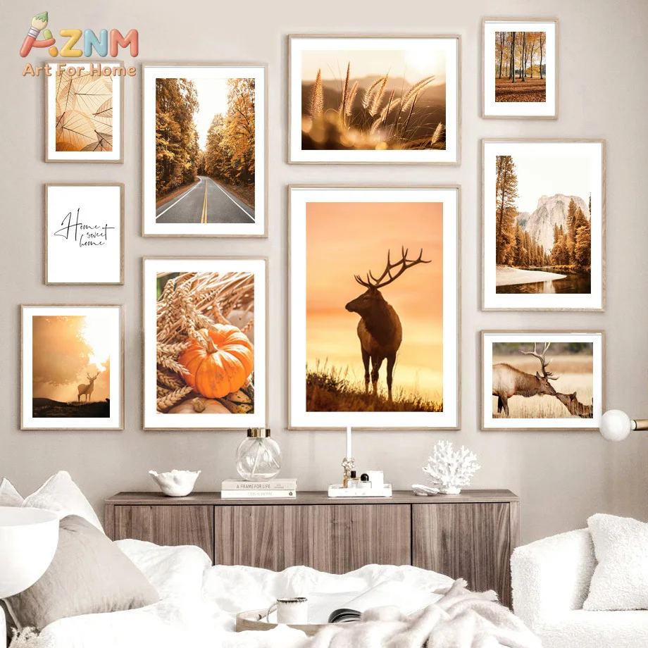 AZNM Warm Autumn Scenery Deer Pumpkin Forest Road Dried Leaf Landscape Canvas Wall Art Fall Season Home Living Room Decor Unfram