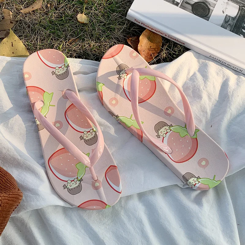 Women Beach Flip Flops Flat Outside Seaside Beach Fruit Cartoon Sandals Flip-flops Outdoor Slides Summer Home Bathroom Shoes