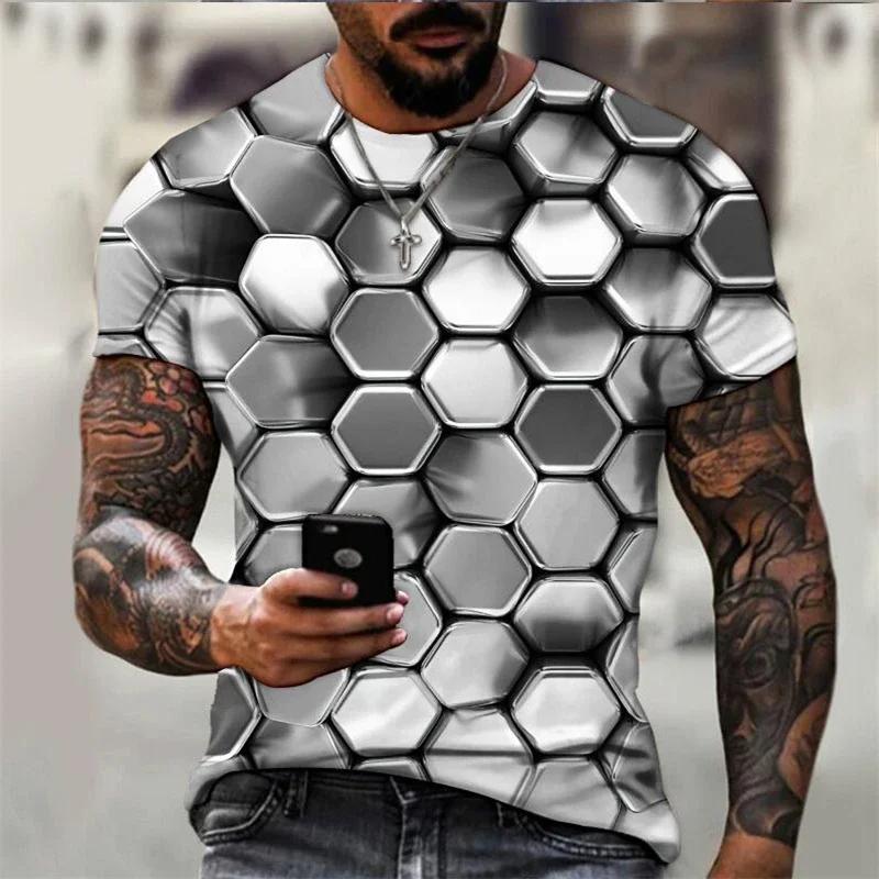 New 2024 hot Popular 3D digital printed wave grid pattern outdoor fitness sports men's short sleeve T-shirt plus size S-5XL