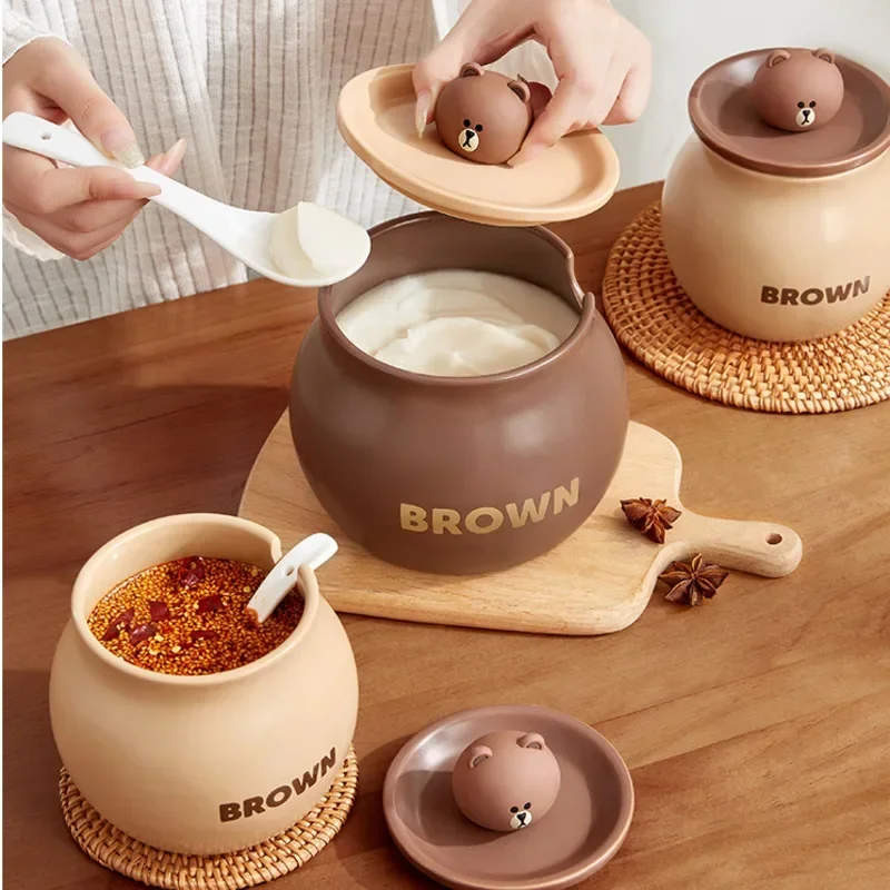 Lovely Cartoon Seasoning Pot Set with Cover High Temperature Resistant Home Kitchen Lard Can Combination