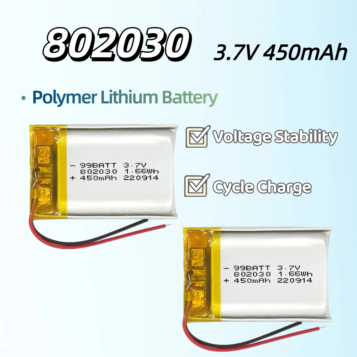 802030 3.7V 450mAh Polymer Lithium Ion Battery Rechargeable LiPo Battery for Household Appliances, Toys, Lamps, Beauty Devices