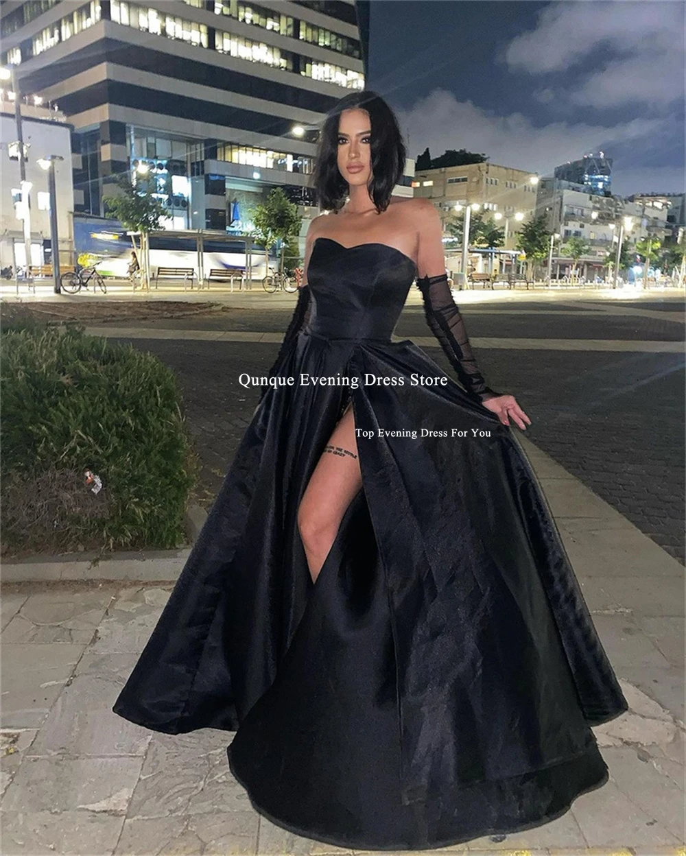 Qunque Sexy Satin Long A Line Prom Dress Black Strapless Slit Party Evening Gown Celebrity Customized Cocktail Robe De Mariรฉe