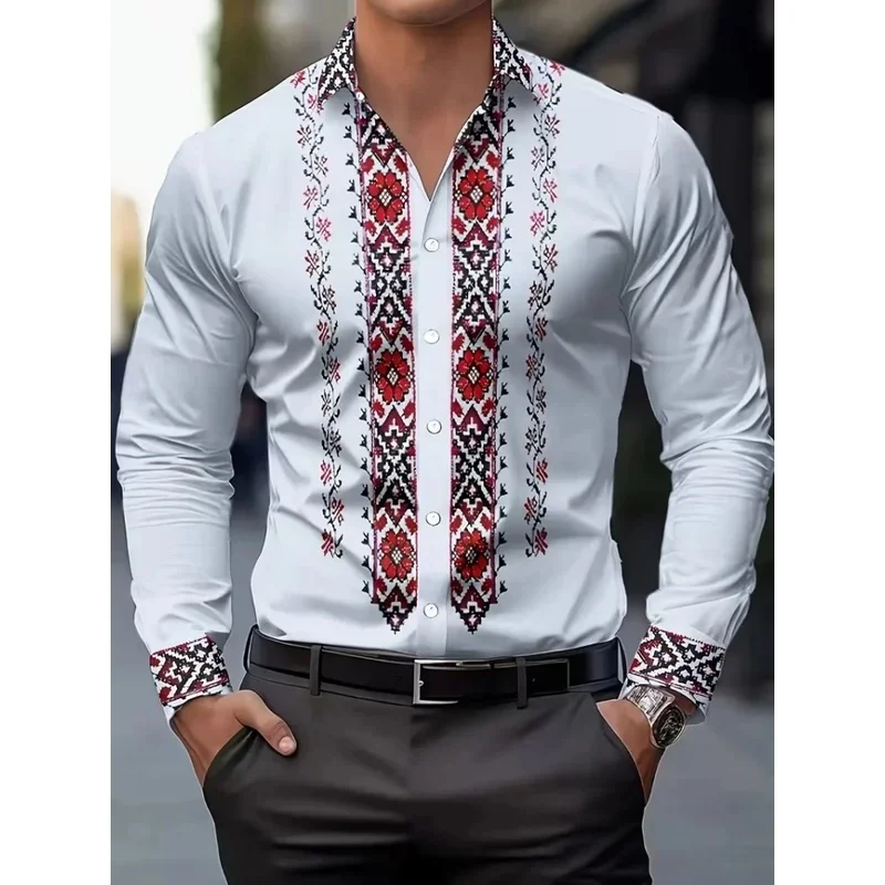 European retro ethnic floral print 3D men's long-sleeved shirt with turn-down collar and geometric design on placket and cuffs.
