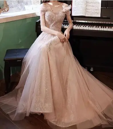 

Luxury Champagne Long Evening Dresses Boat Neck A-line Shiny Lace Applique Beaded Long Prom Formal Gowns Off The Shoulder New