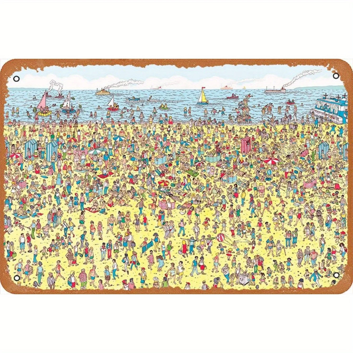 Retro Where's Waldo Metal Tin Sign -  Vintage Beach Scene Wall Art with Classic English Edition Illustration - Durable Indoor/Ou