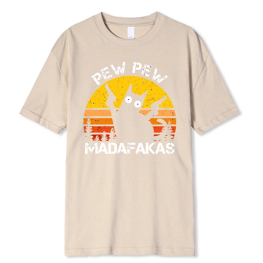 Pew Pew Madafakas T-shirt imprimé chat avec deux pistolets pour hommes, Économie d'été en coton, Vêtements respirants, Hip Hop S