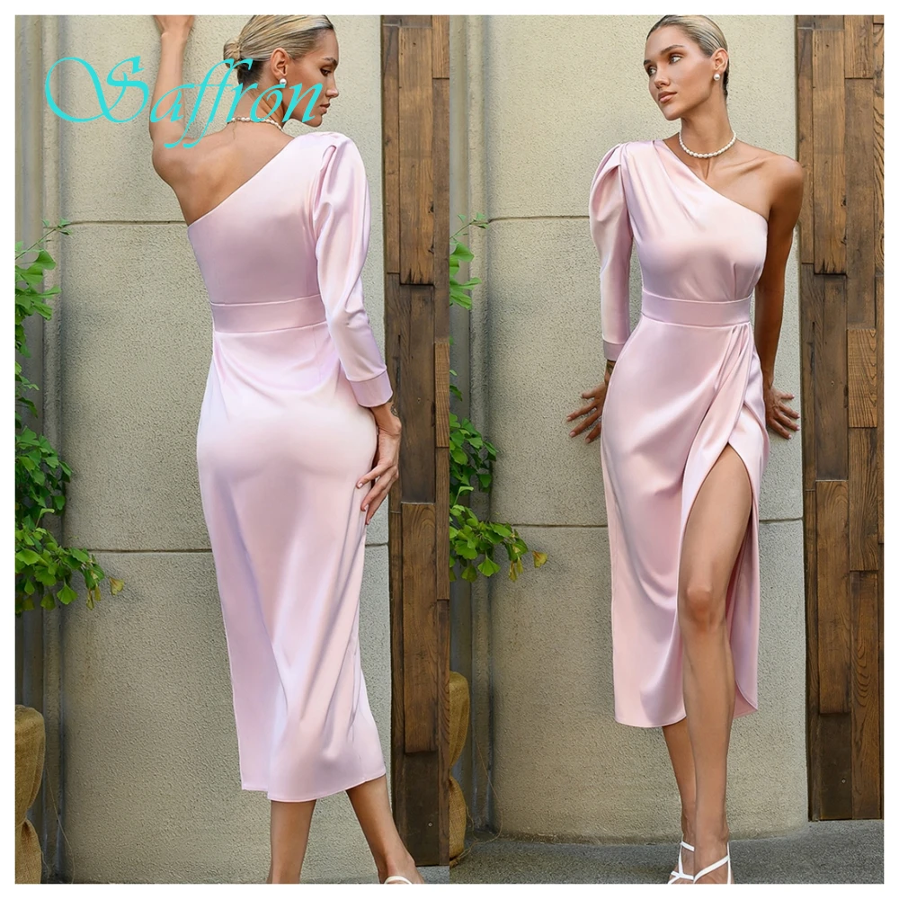 カスタマイズされたフロントスリット A ライン ワンショルダー イブニング ドレス サテン 長袖クラシックな特別な日のガウンソフトで豪華なプロム ドレス