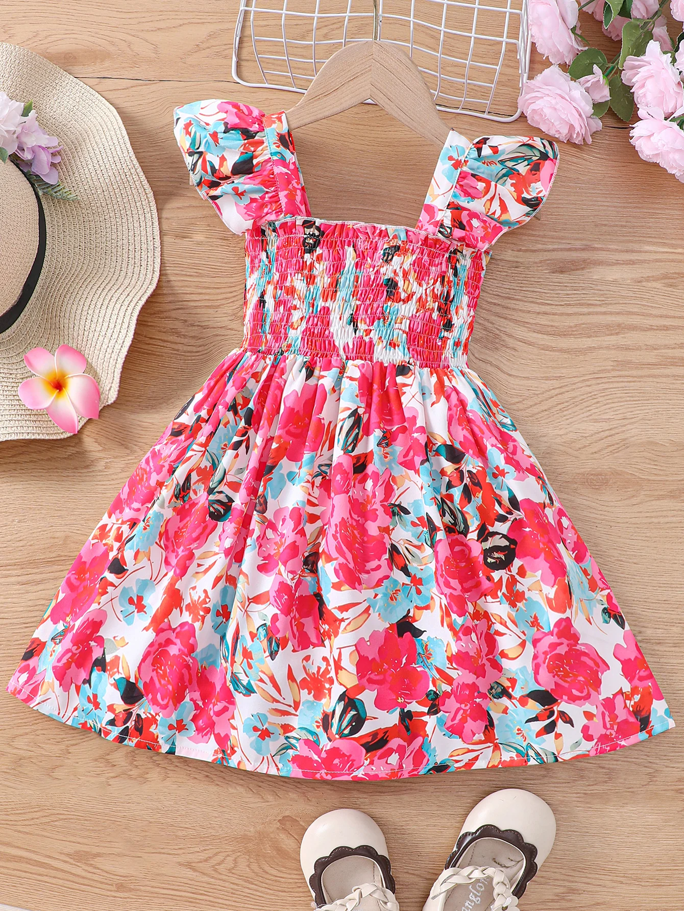 Girls' summer style daily casual vacation style multicolor flying sleeve sweet floral dress