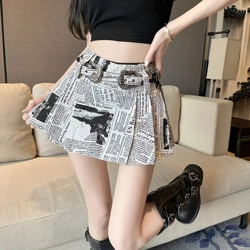 

Skirts for Women Faldas Mujer Moda High Waisted American Spicy Girl Pleated Newspaper Printed Mini Skirt American Streetwear