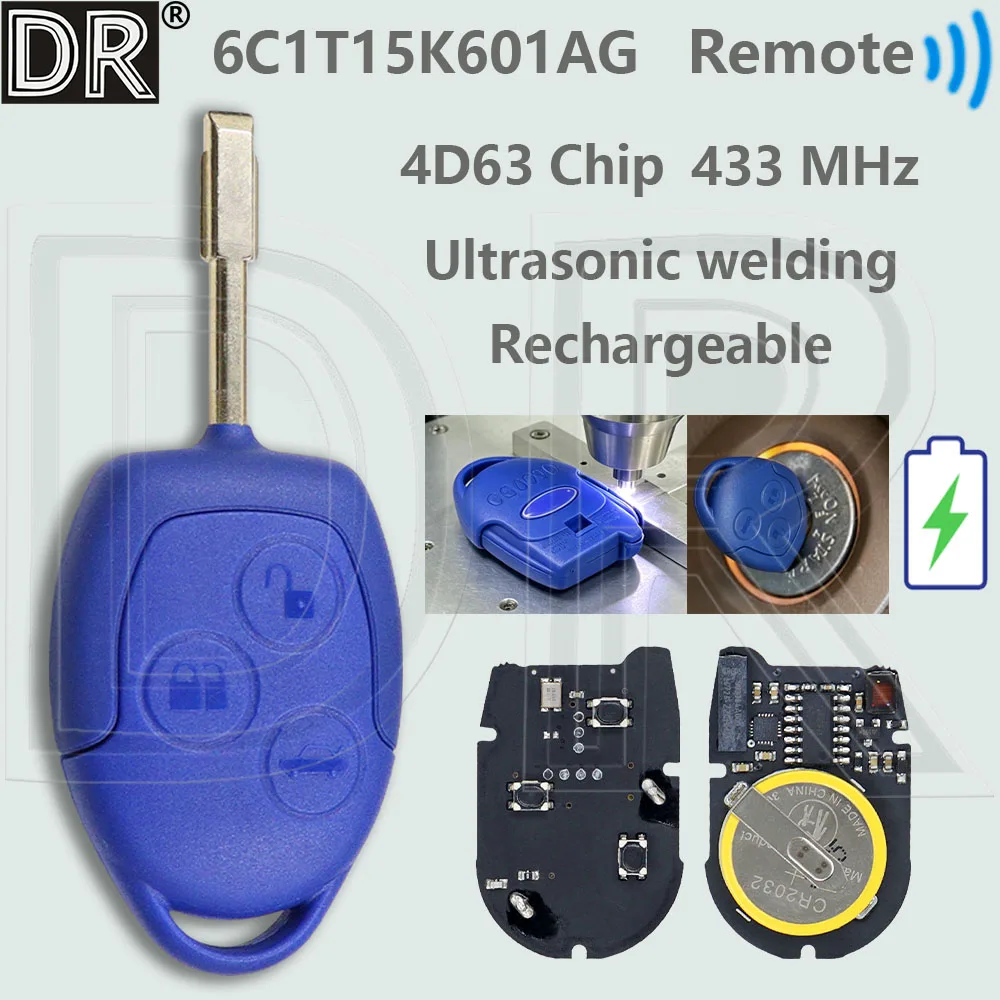 

DR 4D63 Chip 433MHz Ultrasonic welding 6C1T15K601AG Rechargable Car Remote Key For Ford Transit MK7 Tourneo VM WM 2006-2014