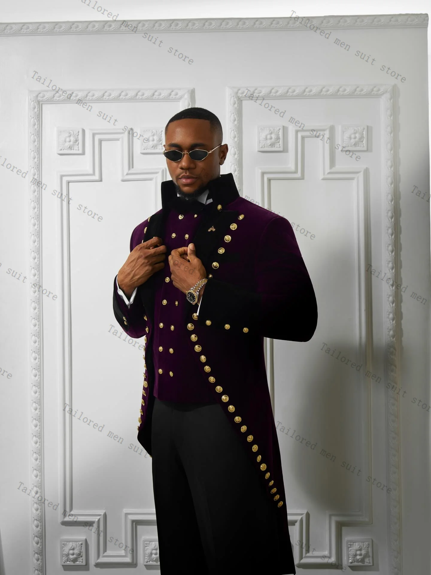 Purple Men Suits Pants Set 2 Pcs Hi-Lo Blazer+Trousers Golden Buttons Wedding Tuxedos Prom Jacket Formal Office Business Coat