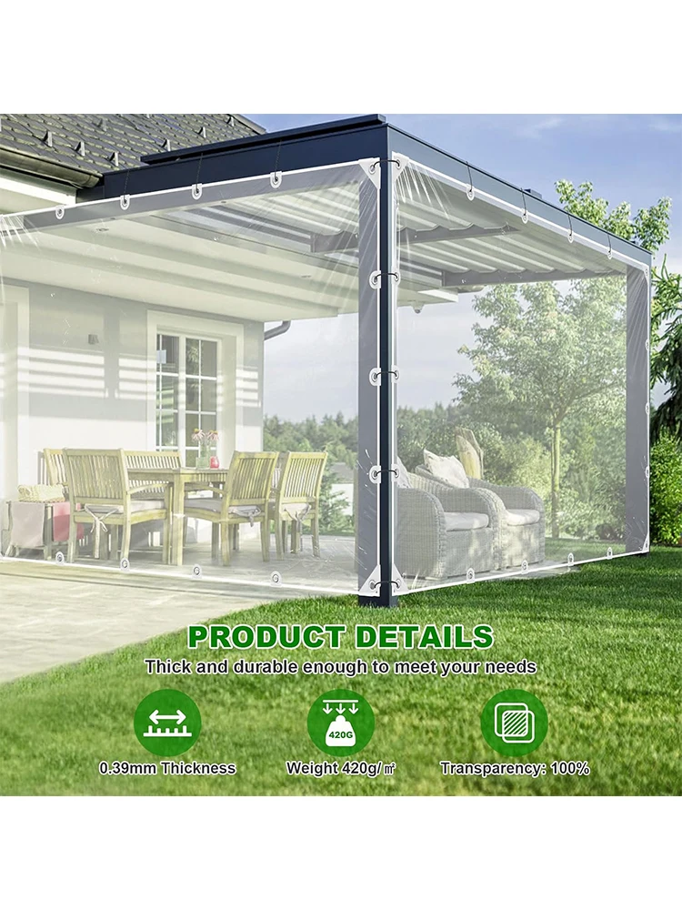 Ulepszona, wytrzymała plandeka PVC 420gsm ze wzmocnionymi, nierdzewnymi oczkami, wodoodporna, wiatroodporna, mrozoodporna, przezroczysta plandeka do patio, altany, ogrodu, osłony przeciwwiatrowej, z — 2