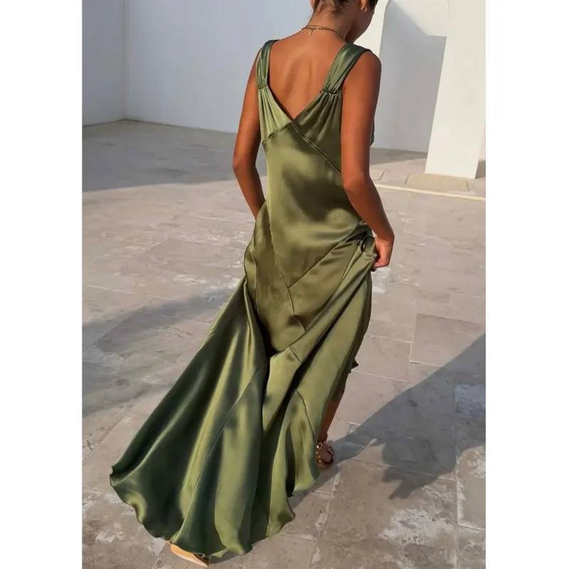 Sexy Satin High Split Party Dress Women Slim Fit Backless Sleeveless Deep V-neck Evening Club Summer Vacation Dresses Female view 4