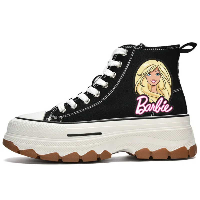 Woman Barbie Shoes Girls High Top Canvas teen  Casual Sneakers  White Shoes Cartoon Barbie Tennis elevator shoes Size 35-40