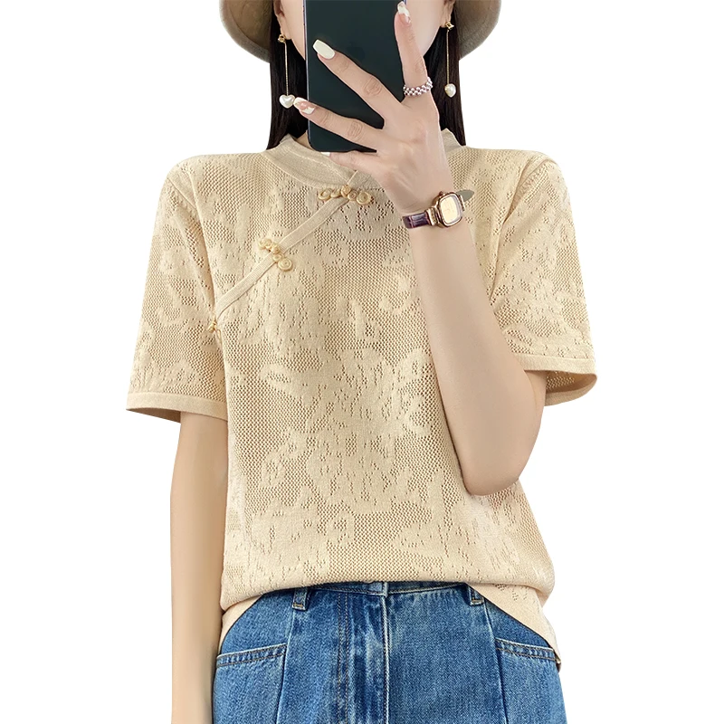 New Summer Women Chinese Buckle Sweater T-shirt Short-sleeve Three-dimensional Jacquard Hollow Pullover Tees Casual Knitted Tops