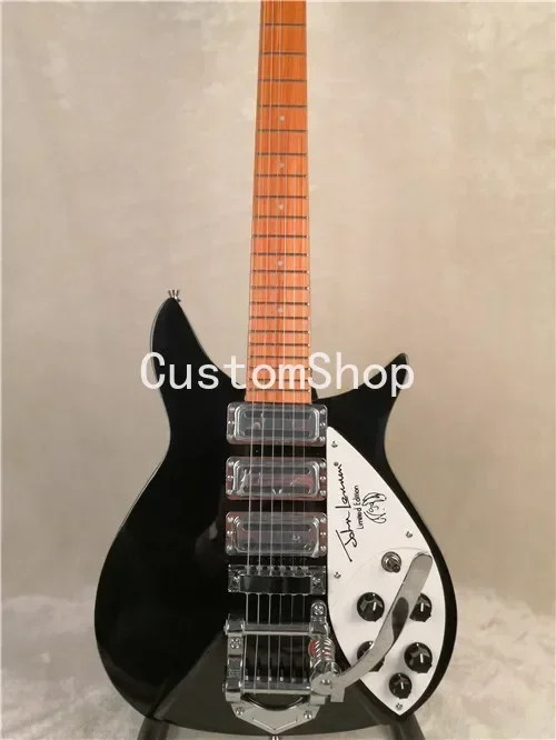 325 Short Scale Length 34 Inches 6 String Black Electric Guitar Bigs Tremolo,Gloss Paint Fingerboard White Pearl