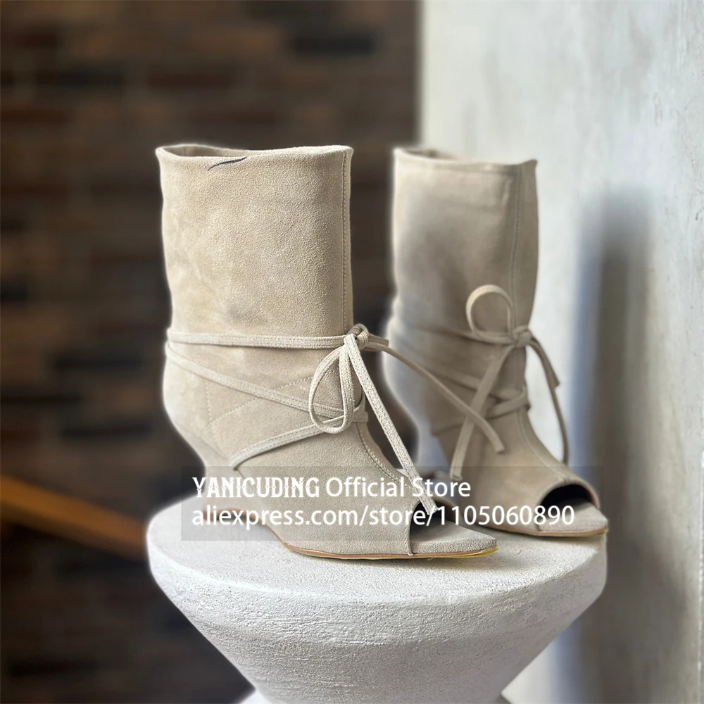 Suede Peep Toe Wedge Ankle Boots Wrap Around Lace up Open Toe Wedge Heel Booties Multicolor Suede Strappy Peep Toe Wedge Booties