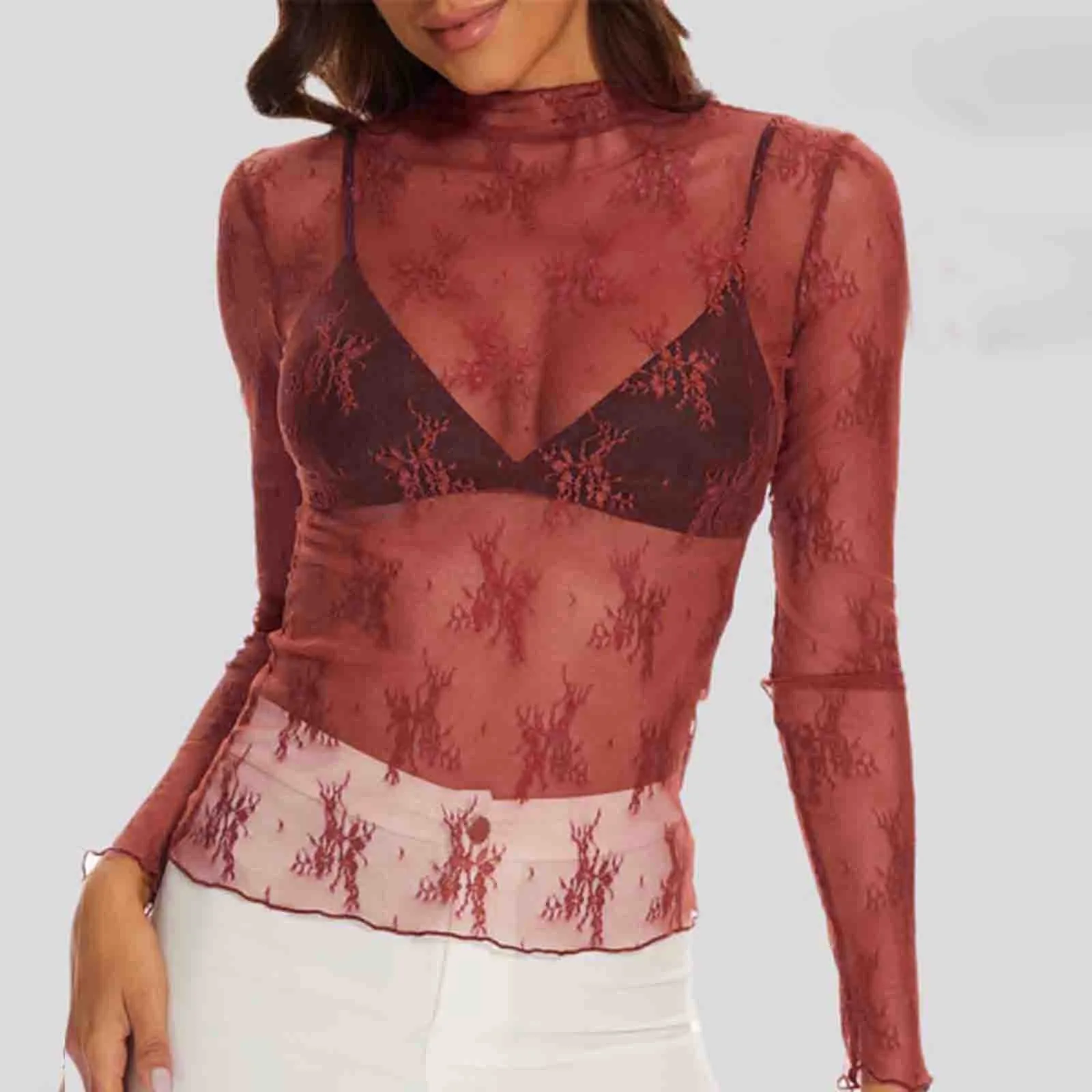 

Sheer Mesh Long Sleeve Layering Tops For Women Mock Neck Floral Embroidery See Through Tee Shirt Blouses Ladies Undershirts