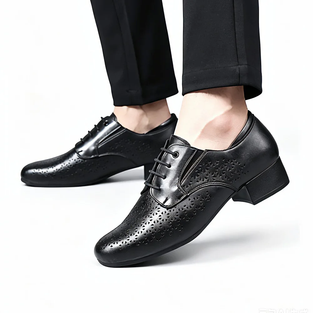 Men Professional Latin Ballroom Dance Shoes Genuine Cowhide Matte/Gloss Black 2.5/3.5cm Heel Breathable Rubber Sole Dance Sneake