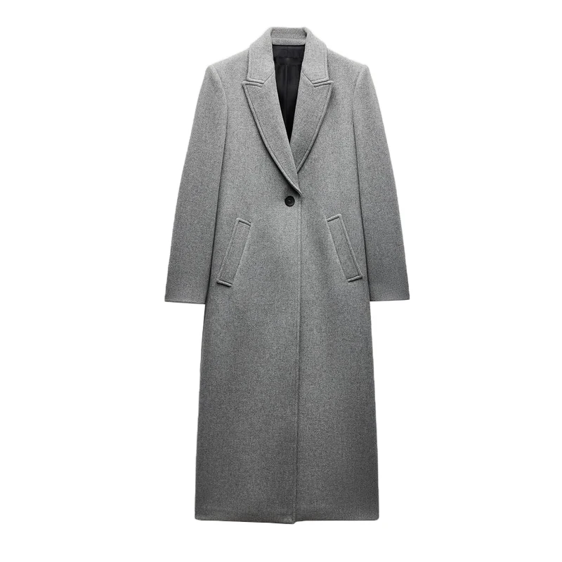 

Autumn Winter Women's Wool Blend Long Lapel Commuter Coat Jaet Straight Cut Regular Sve Long Hooded Polyester Casual