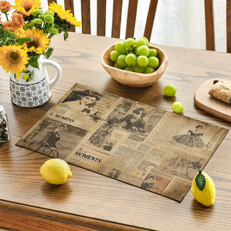 Retro French Newspaper Vintage Heat Resistant Washable Table Placemats Kitchen Dining Party Decor 4 Piece Set