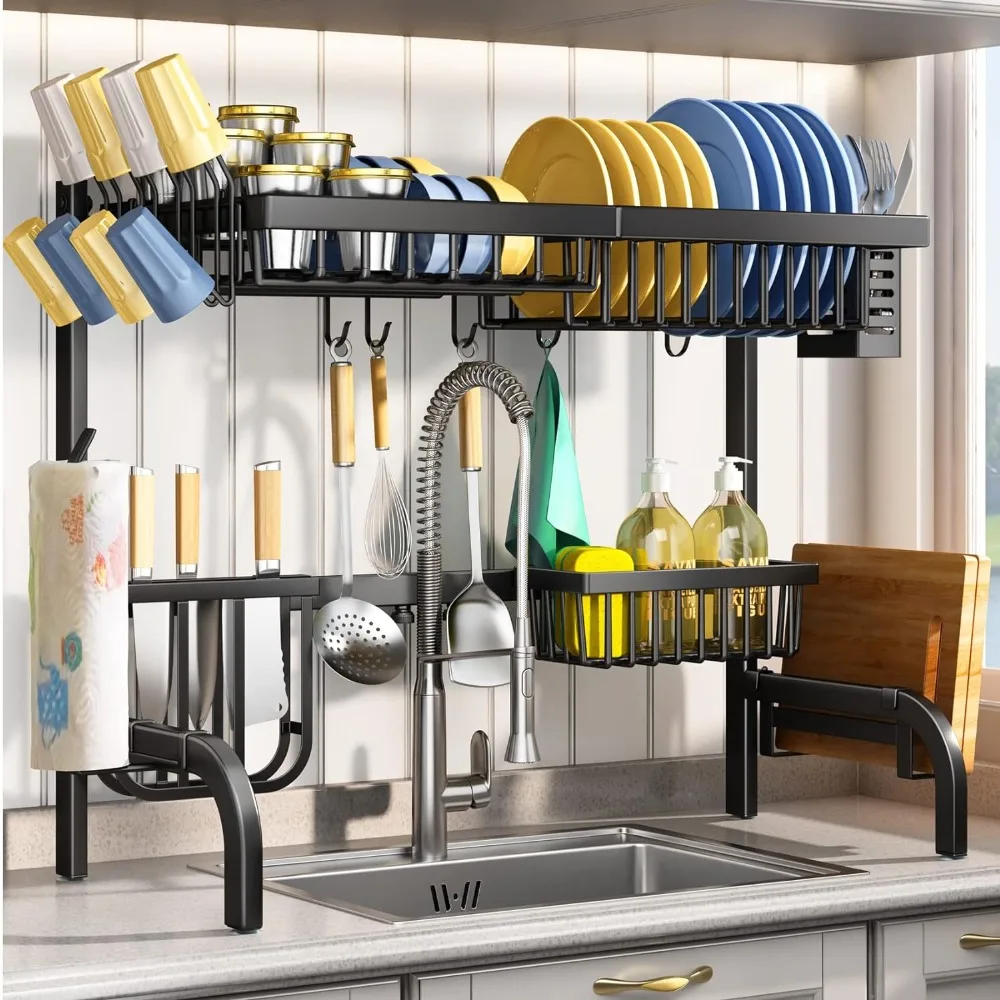 

Over The Sink Dish Drying Rack, Adjustable (25.5 To 33.5 Inch) with Hooks Paper Towel Utensil Cup Holder Sink,Dish Drying Rack