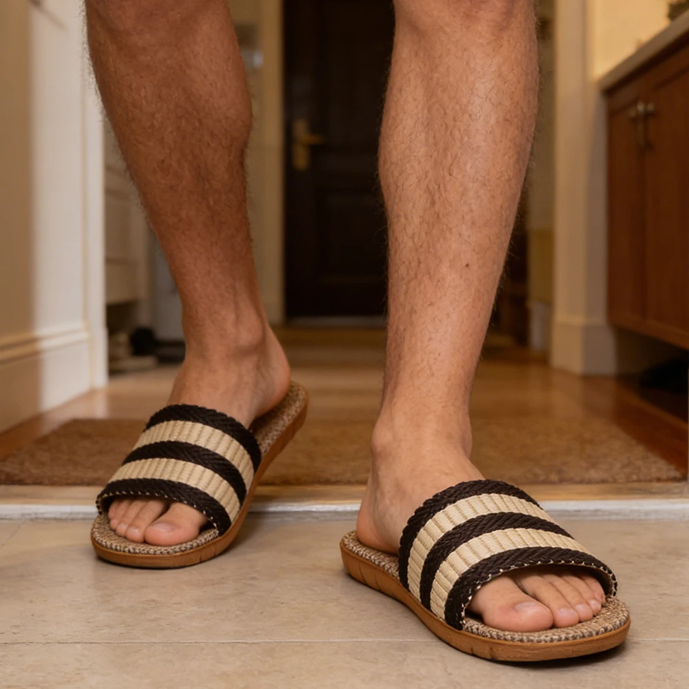 Summer Men Slippers AntiSlip Home Slippers Lightweight Shoes Men Indoor Linen Slippers Soft Shoes Bedroom Slippers Plus Size