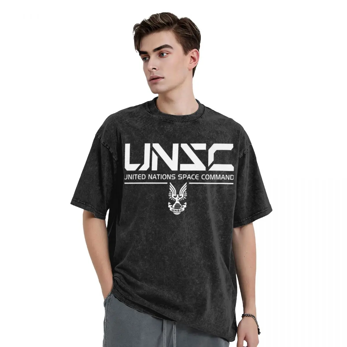 Camisetas lavadas UNSC para hombres y mujeres, camiseta blanca, ropa de calle de algodón con estampado gráfico, High Street Halo Gaming